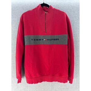 Vintage Tommy Hilfiger Men's sz L Y2K Classic Red and Grey Pullover Quarter Zip